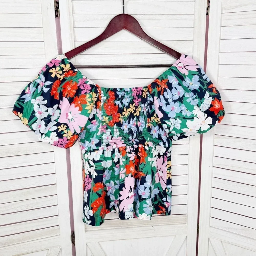 Old Navy Floral Puff Sleeve Peplum Flared Hem V‎ Neck Top Shirt Blue Multi Small